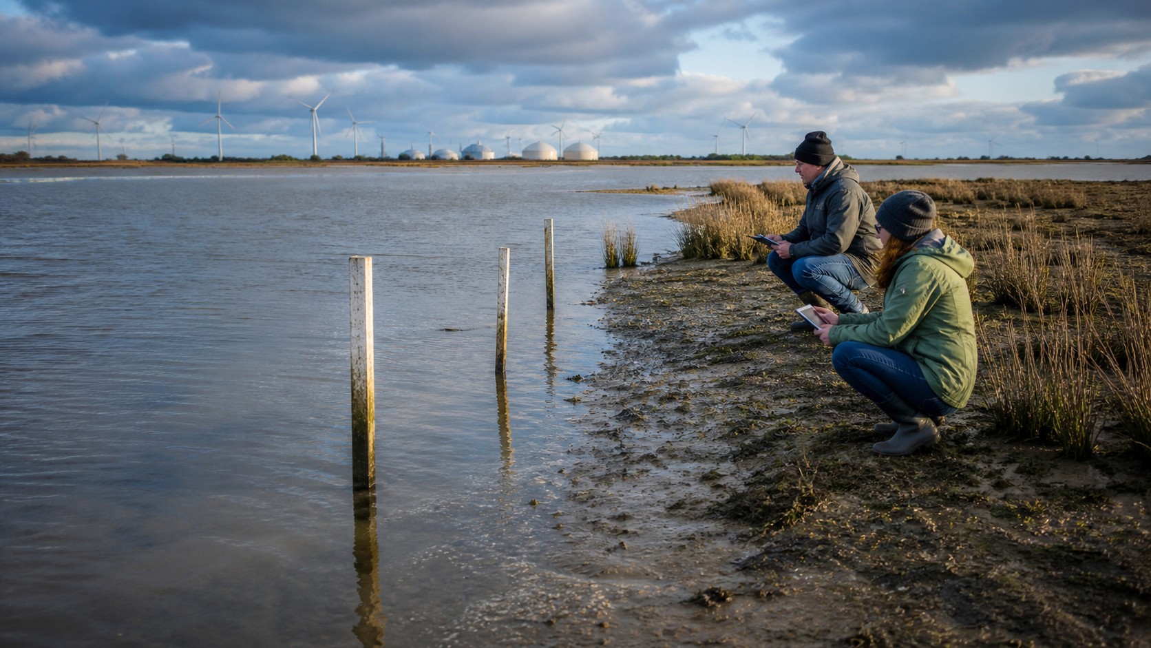Scientists observing a coastal wetland with water markers and distant wind turbines