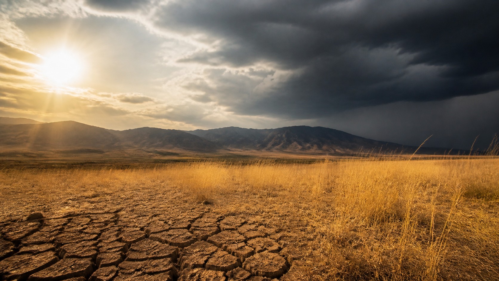Dry field under sun and storm clouds over distant hills