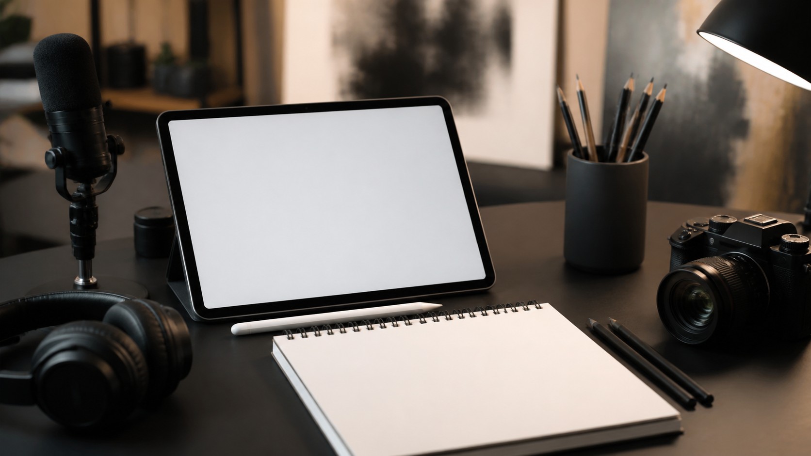Creative technology desk with blank tablet, microphone, headphones, camera, and sketchpad
