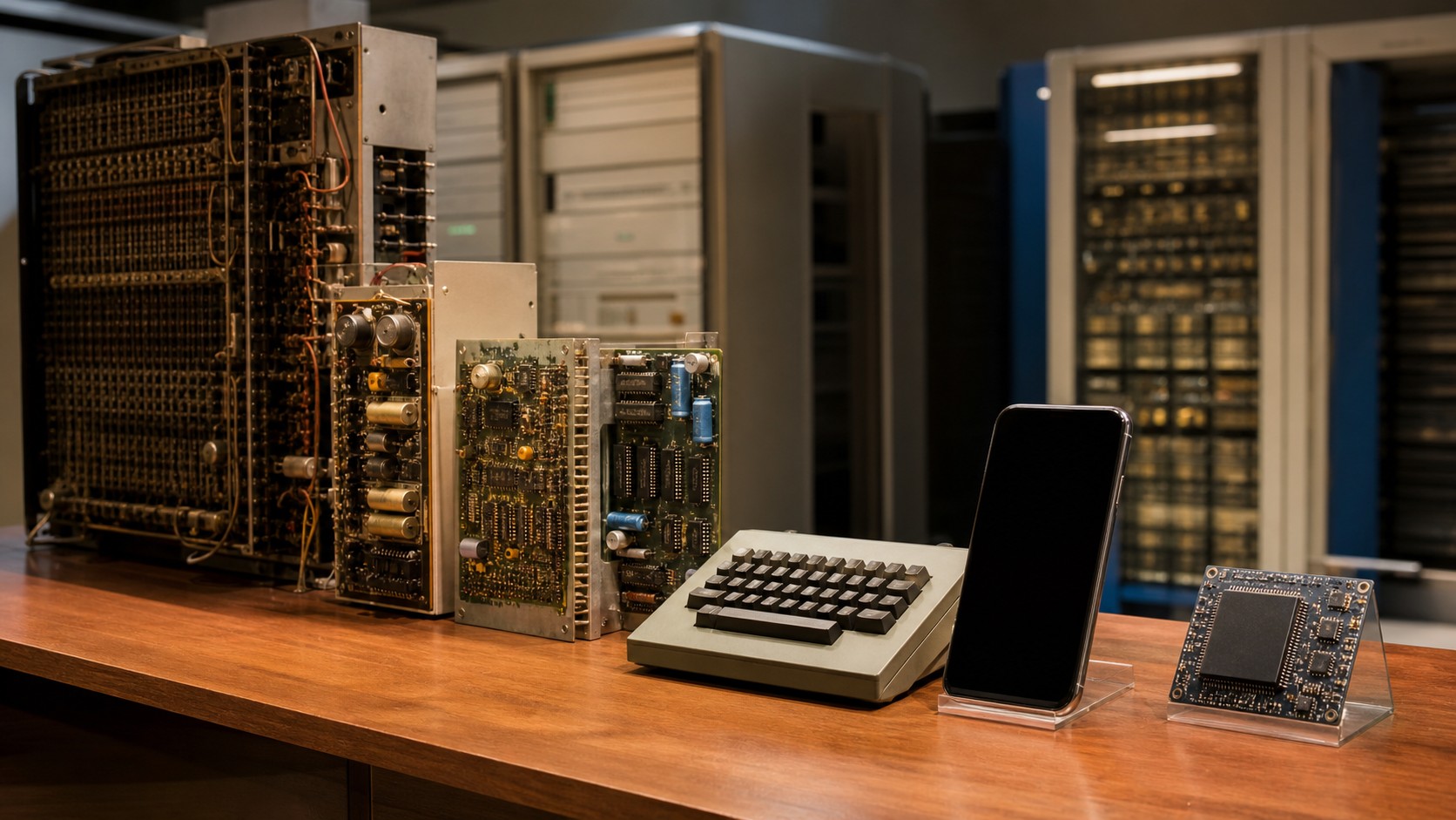 Computing hardware timeline with vintage circuits, keyboard, smartphone, and modern chip