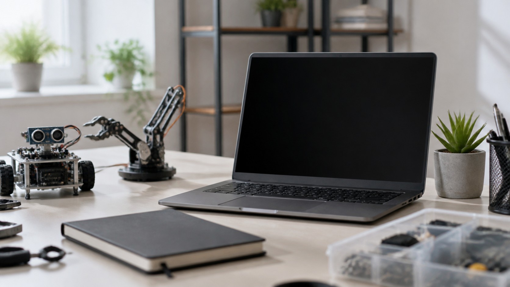 AI learning desk with blank laptop and small robotics hardware