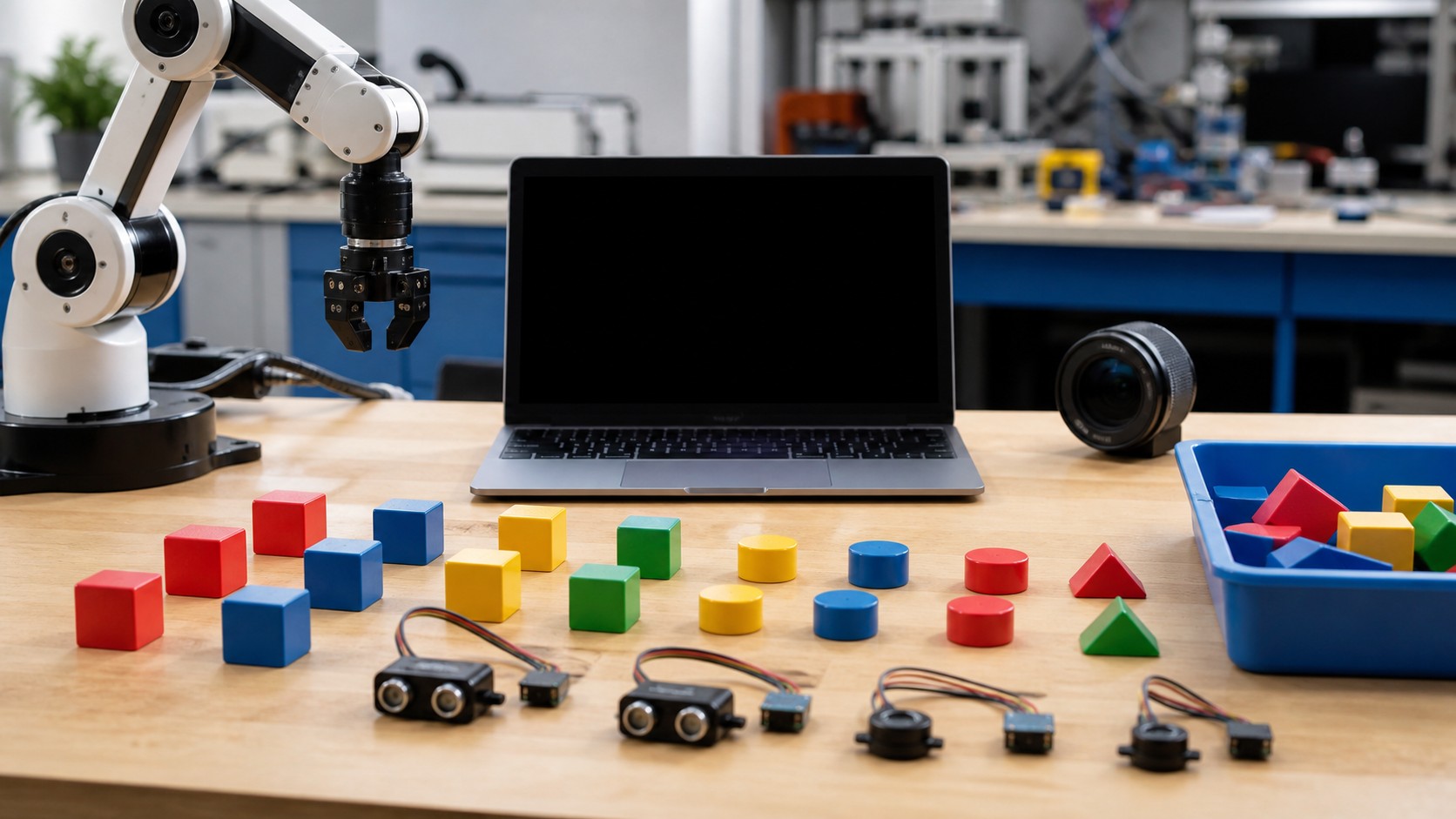 Robotics lab bench with colored blocks, sensors, lens, and blank laptop