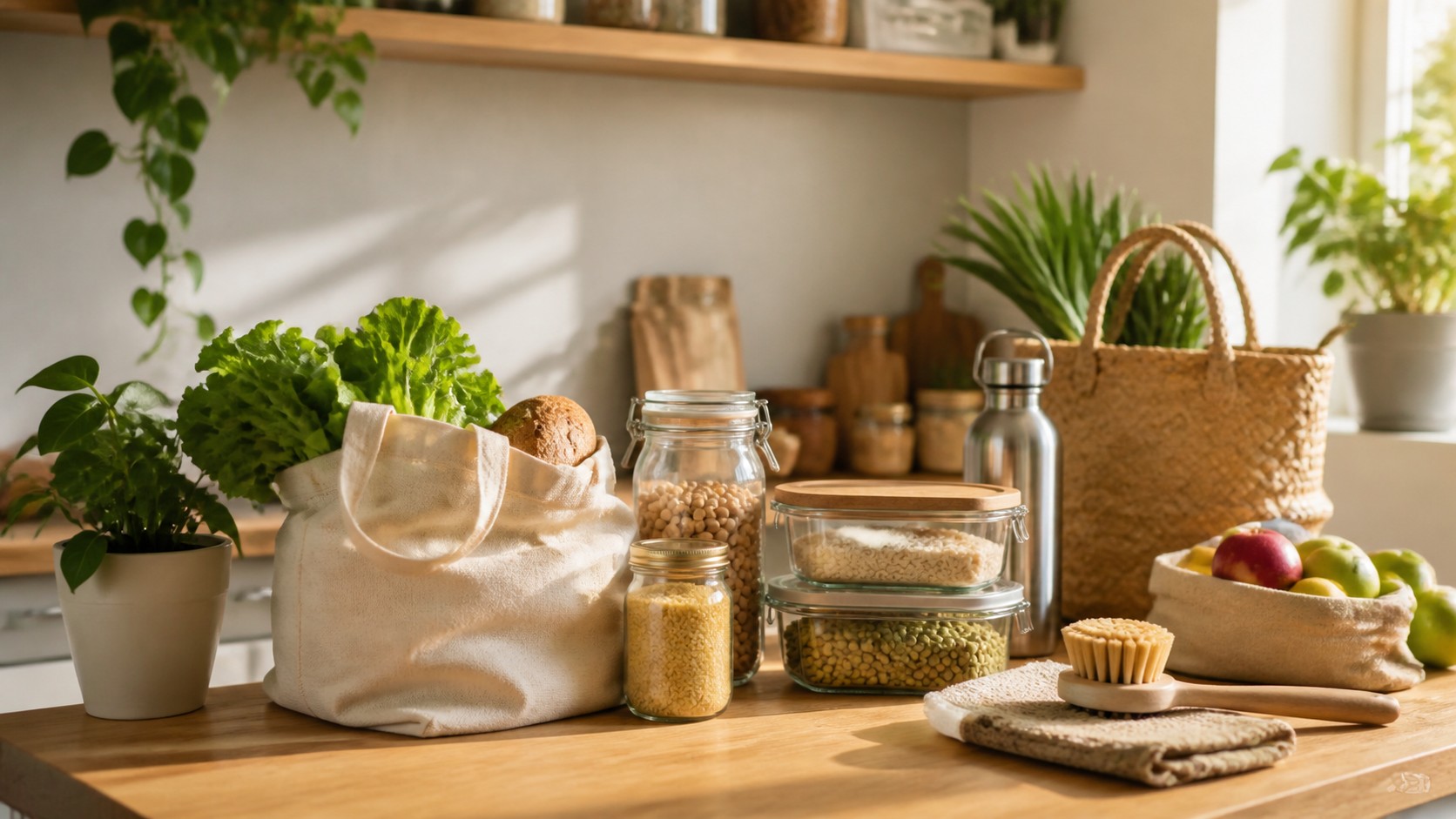 Reusable containers, produce, cloth bag, bottle, and plants on a sunny kitchen counter