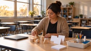 Teacher organizing geometric shapes and blank cards beside a closed laptop in an empty classroom
