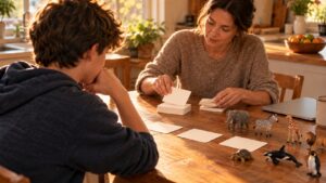 Teenage learner and parent sorting blank study cards beside toy animals at a kitchen table