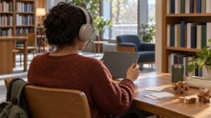 Adult learner with headphones and a tablet beside blank flashcards and wooden puzzle pieces