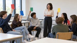 Students holding plain colored response cards during a shared classroom activity